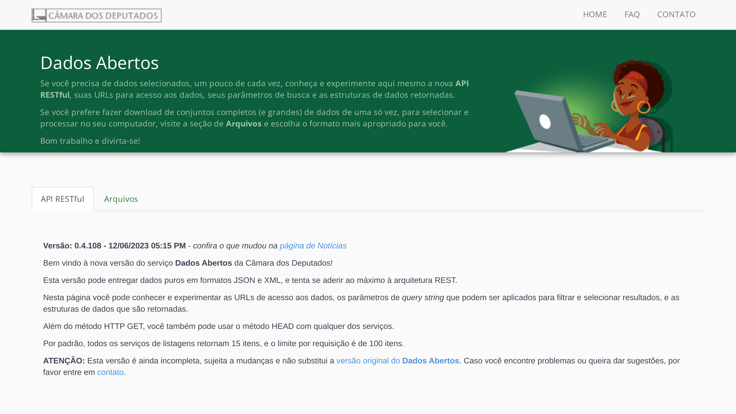 Brazilian Chamber of Deputies Open Data's website screenshot