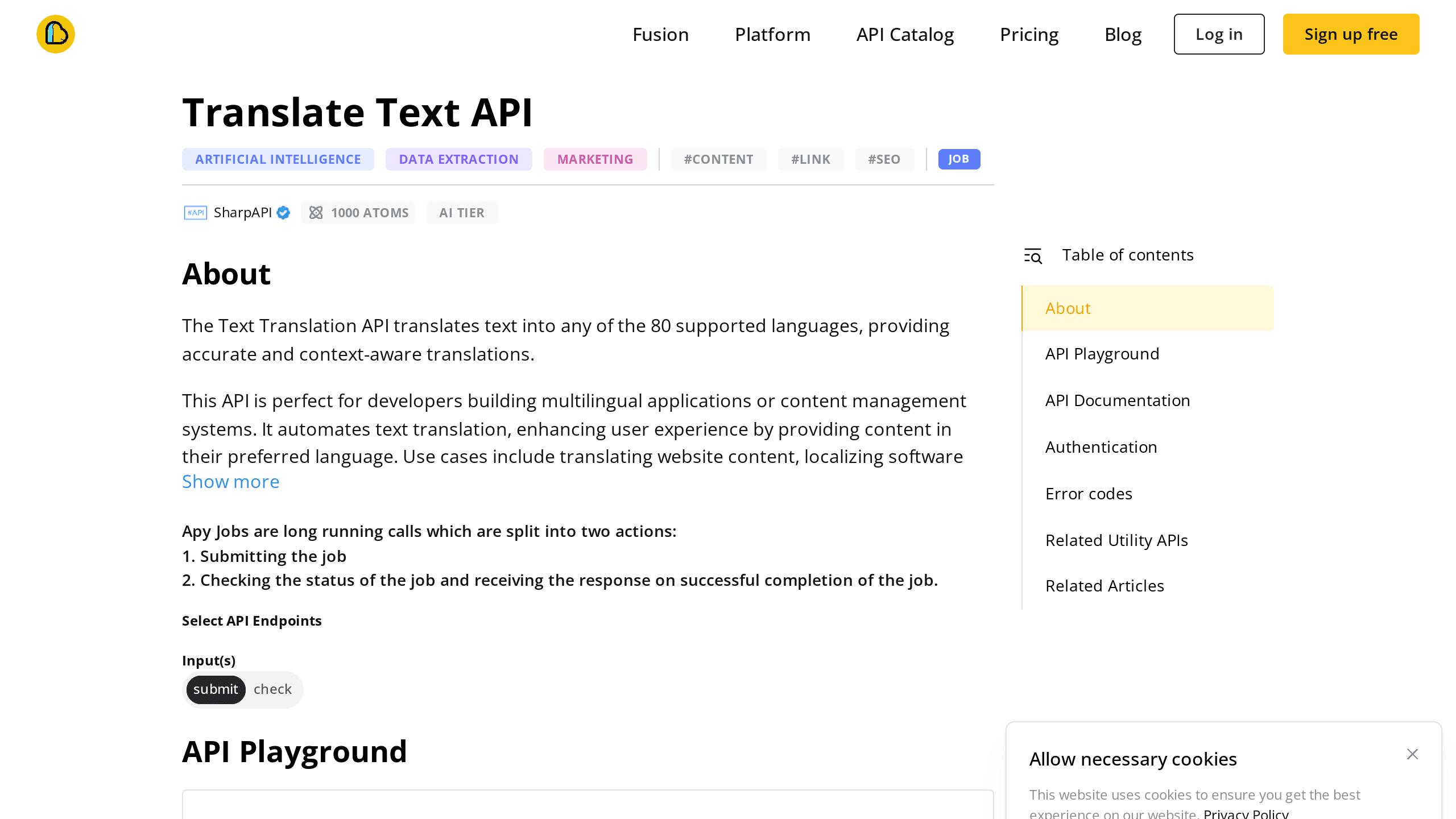 AI Translate text API's website screenshot