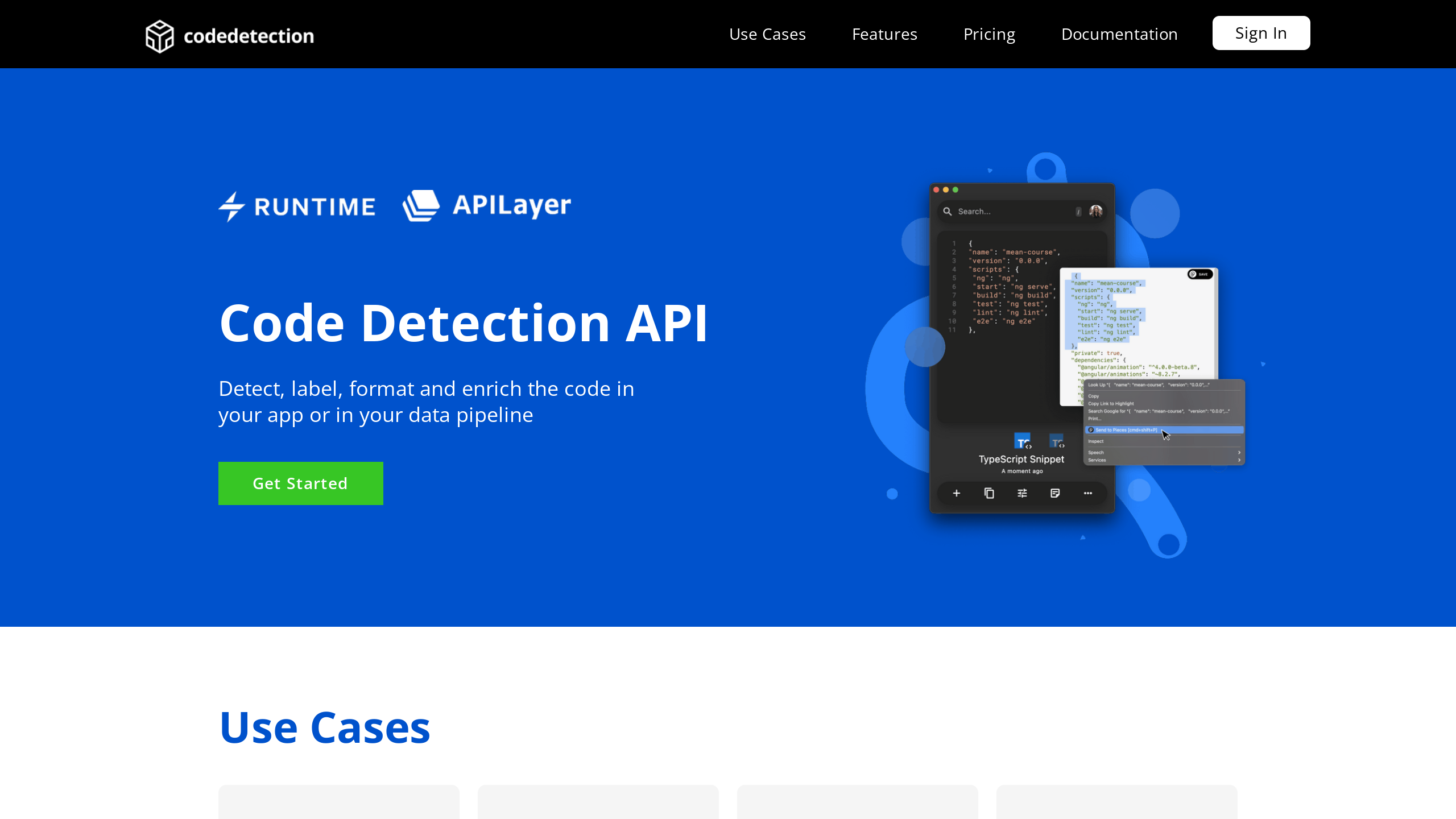 Code Detection API's website screenshot