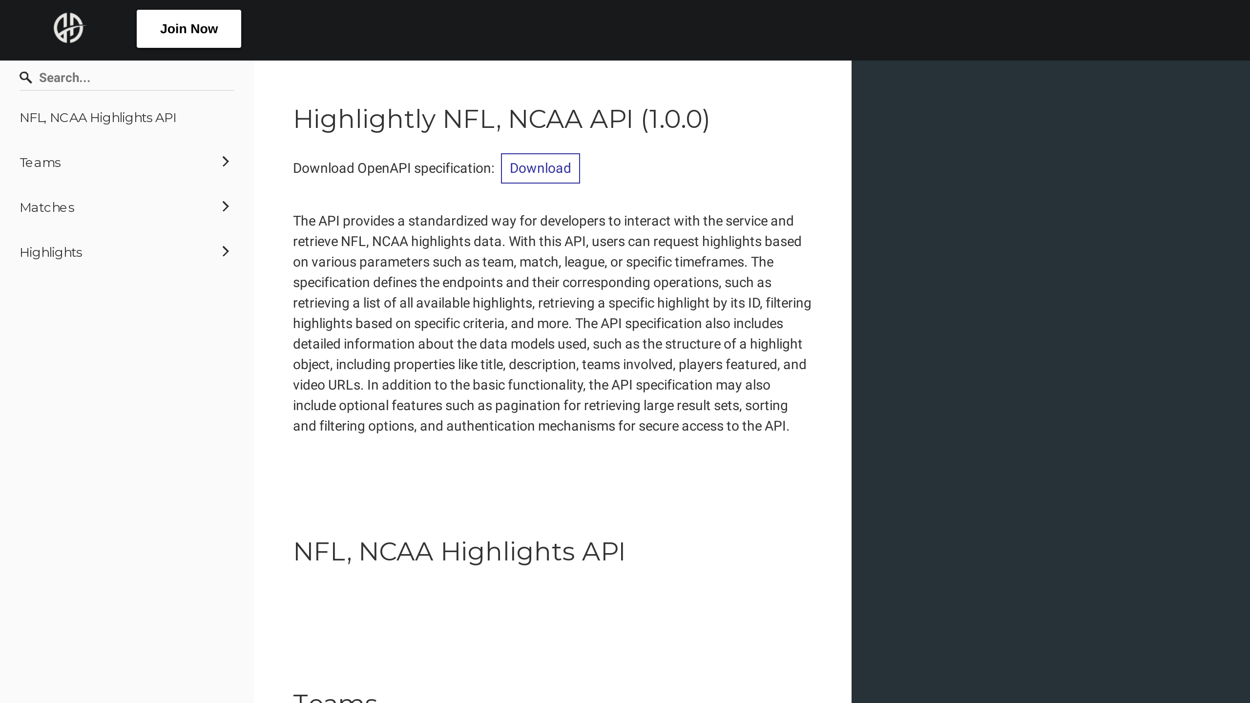 American Football Highlights API's website screenshot
