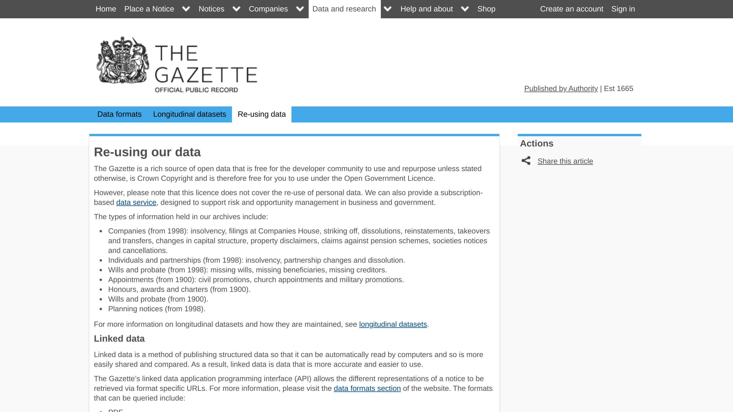 Gazette Data, UK's website screenshot