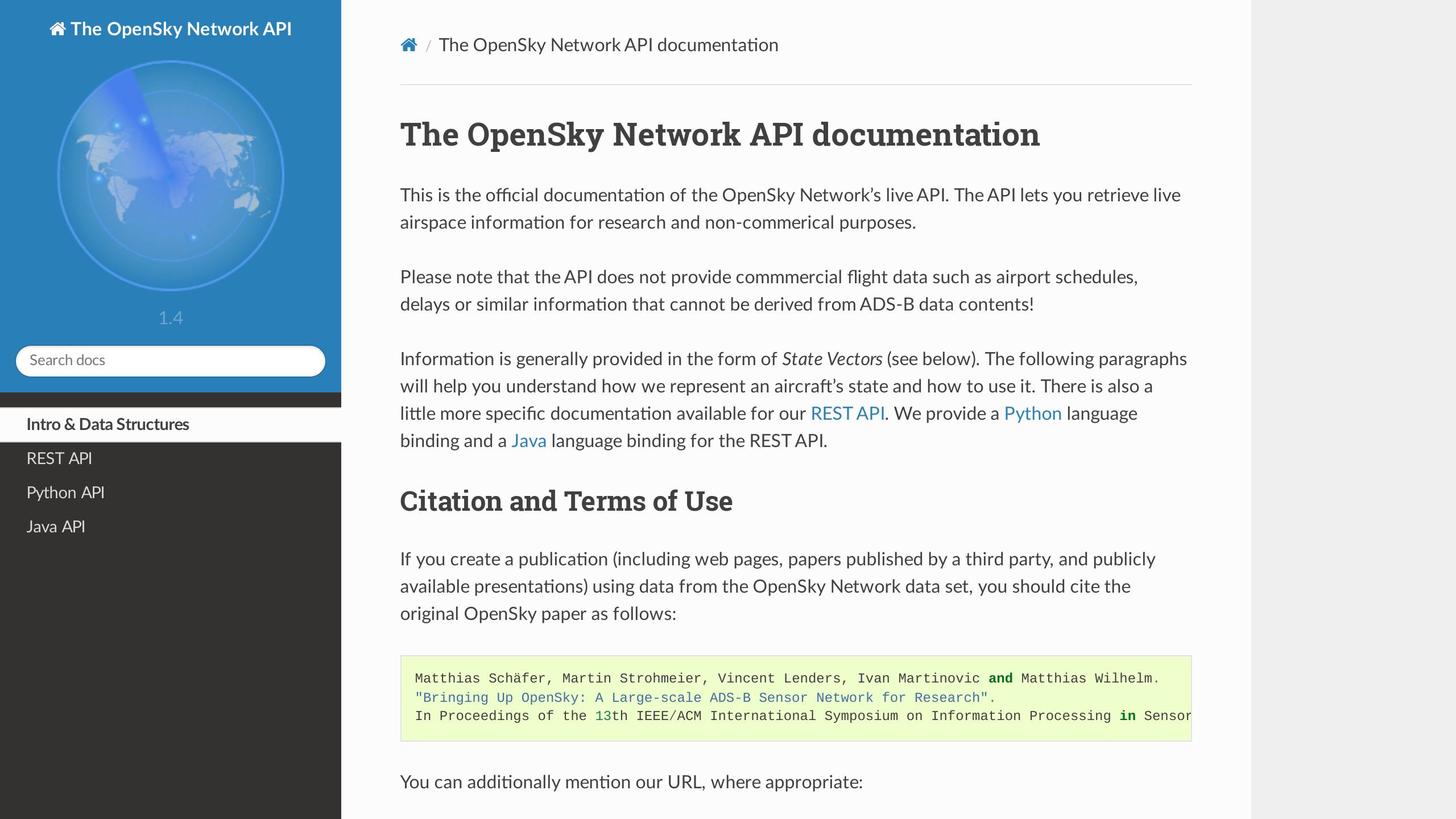 OpenSky Network's website screenshot