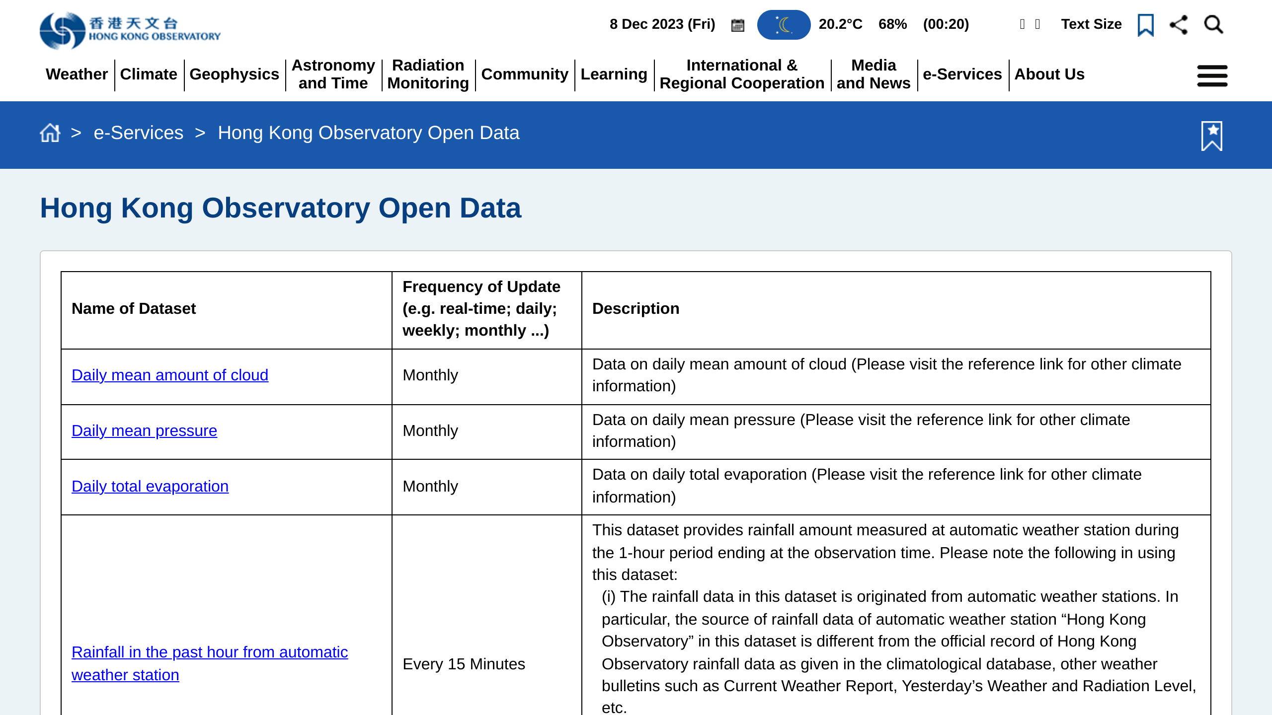 Hong Kong Obervatory's website screenshot