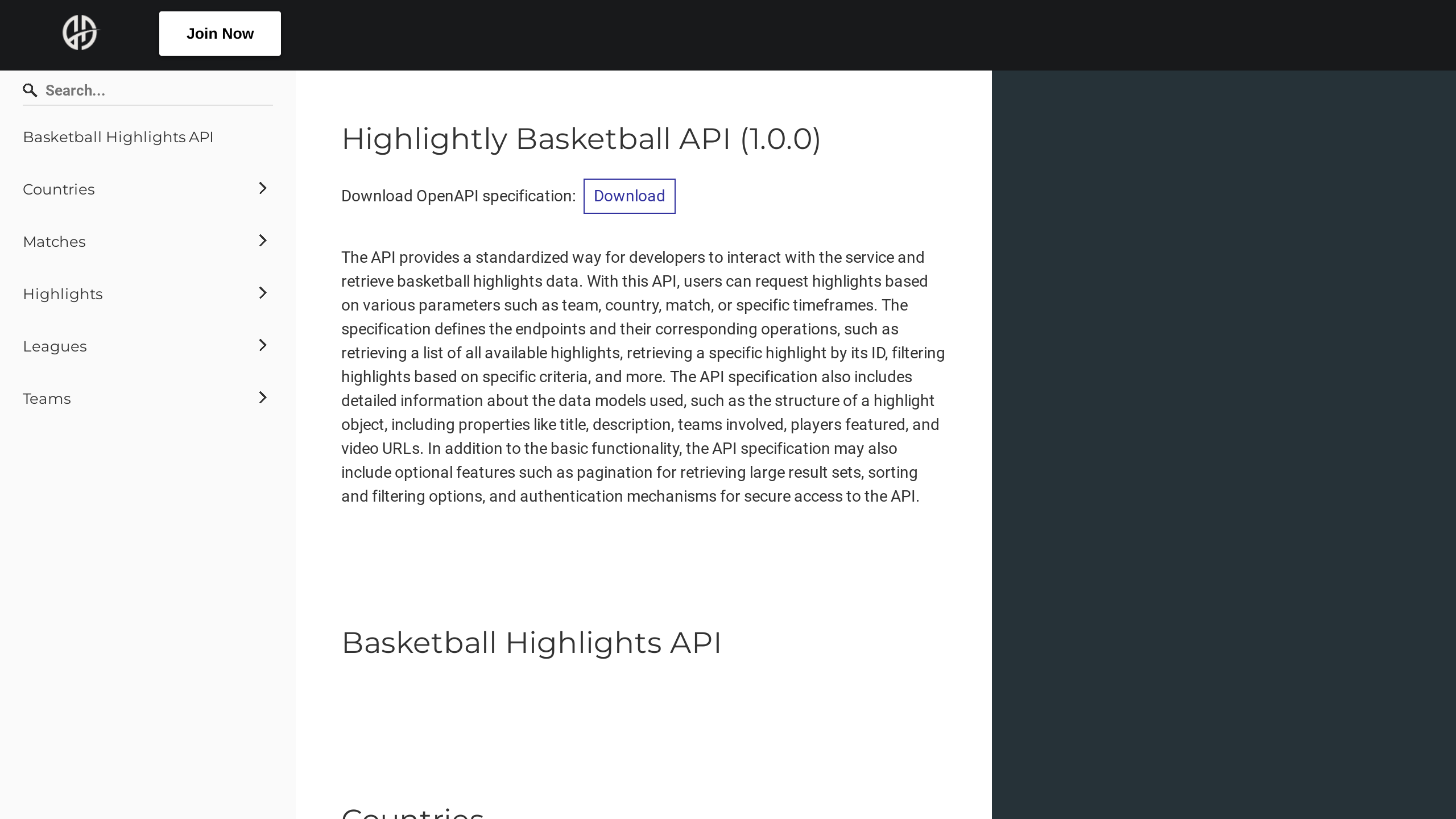 Basketball Highlights API's website screenshot