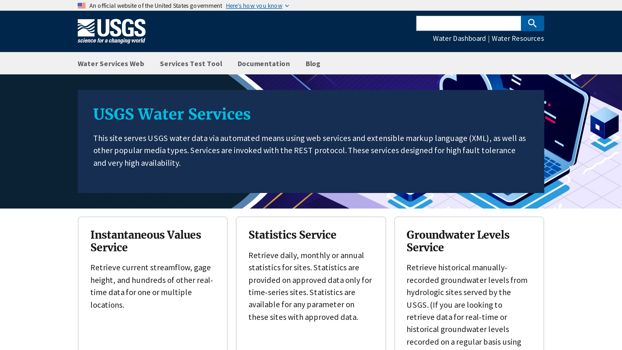 USGS Water Services's website screenshot