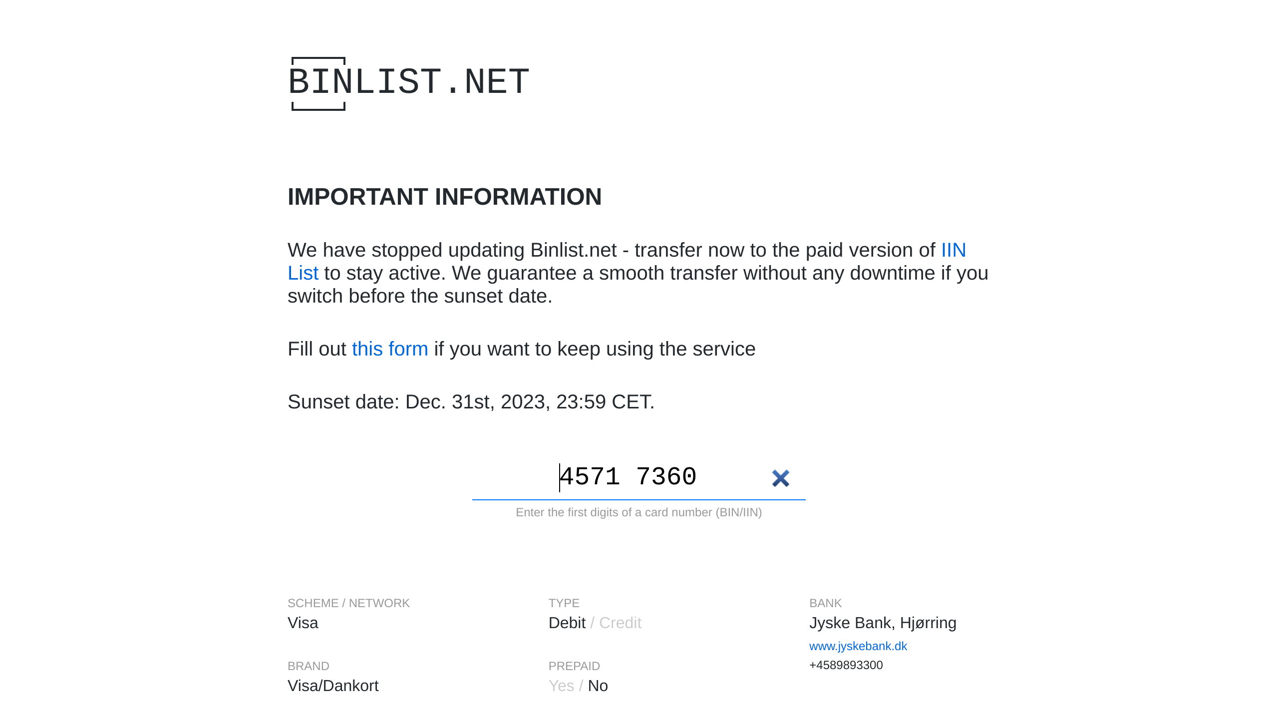 Binlist's website screenshot