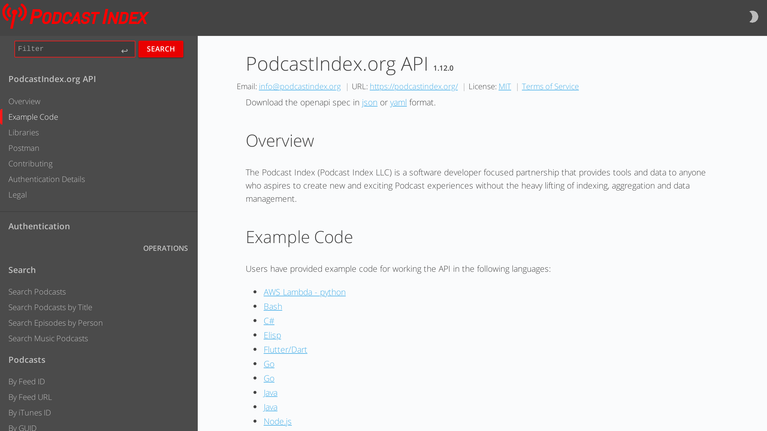 PodcastIndex's website screenshot