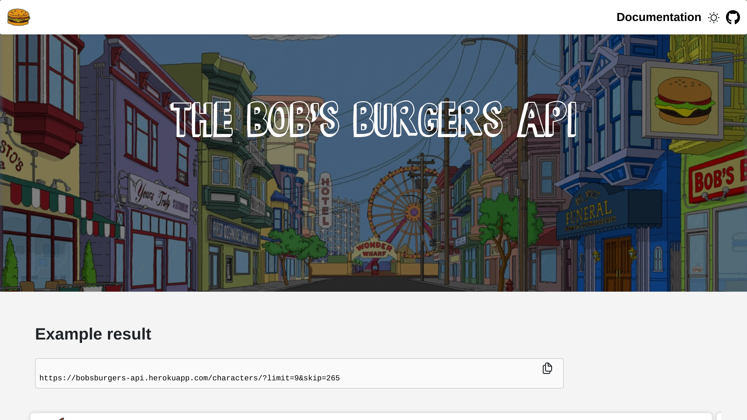 Bob's Burgers API's website screenshot