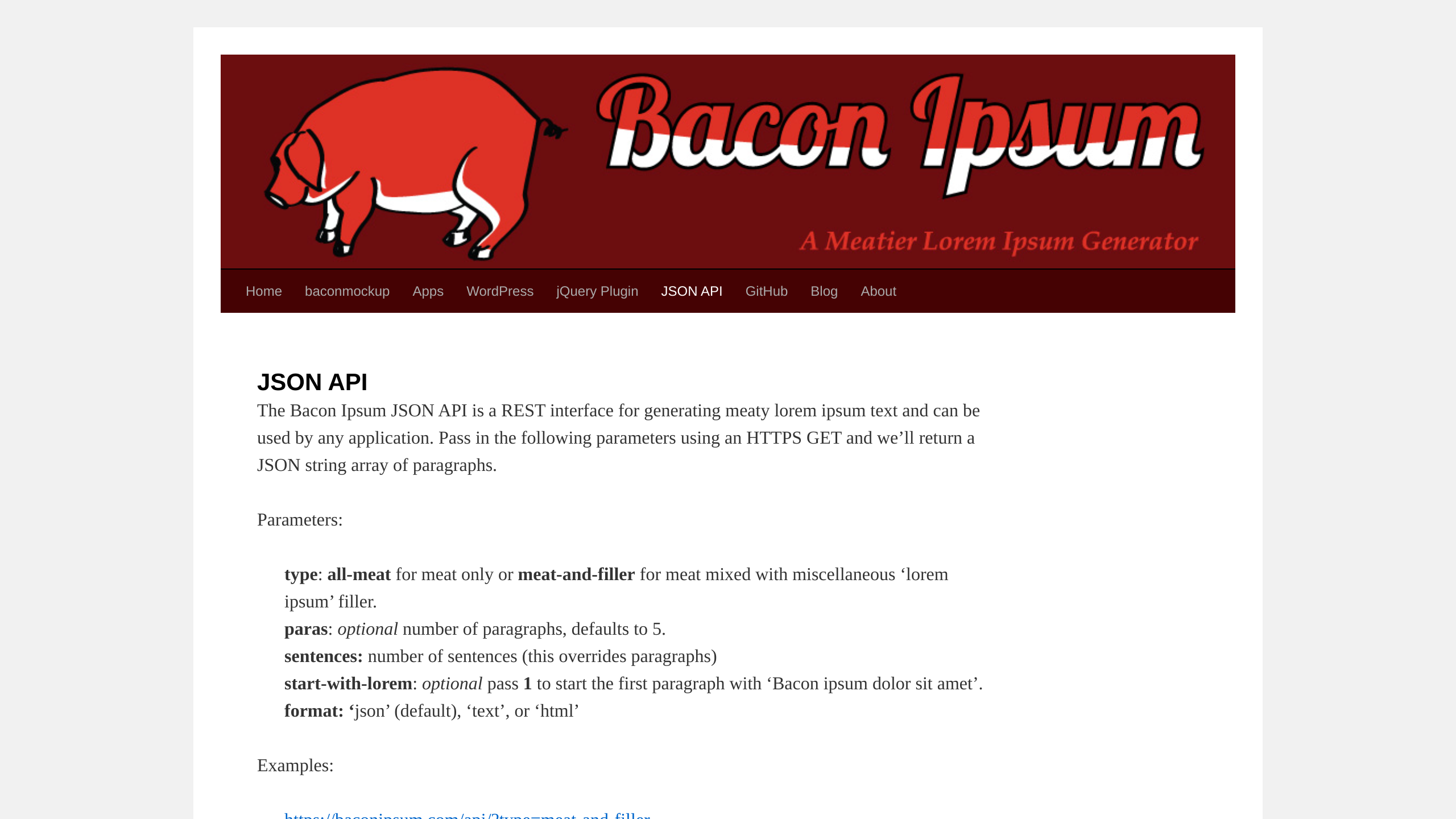 Bacon Ipsum's website screenshot