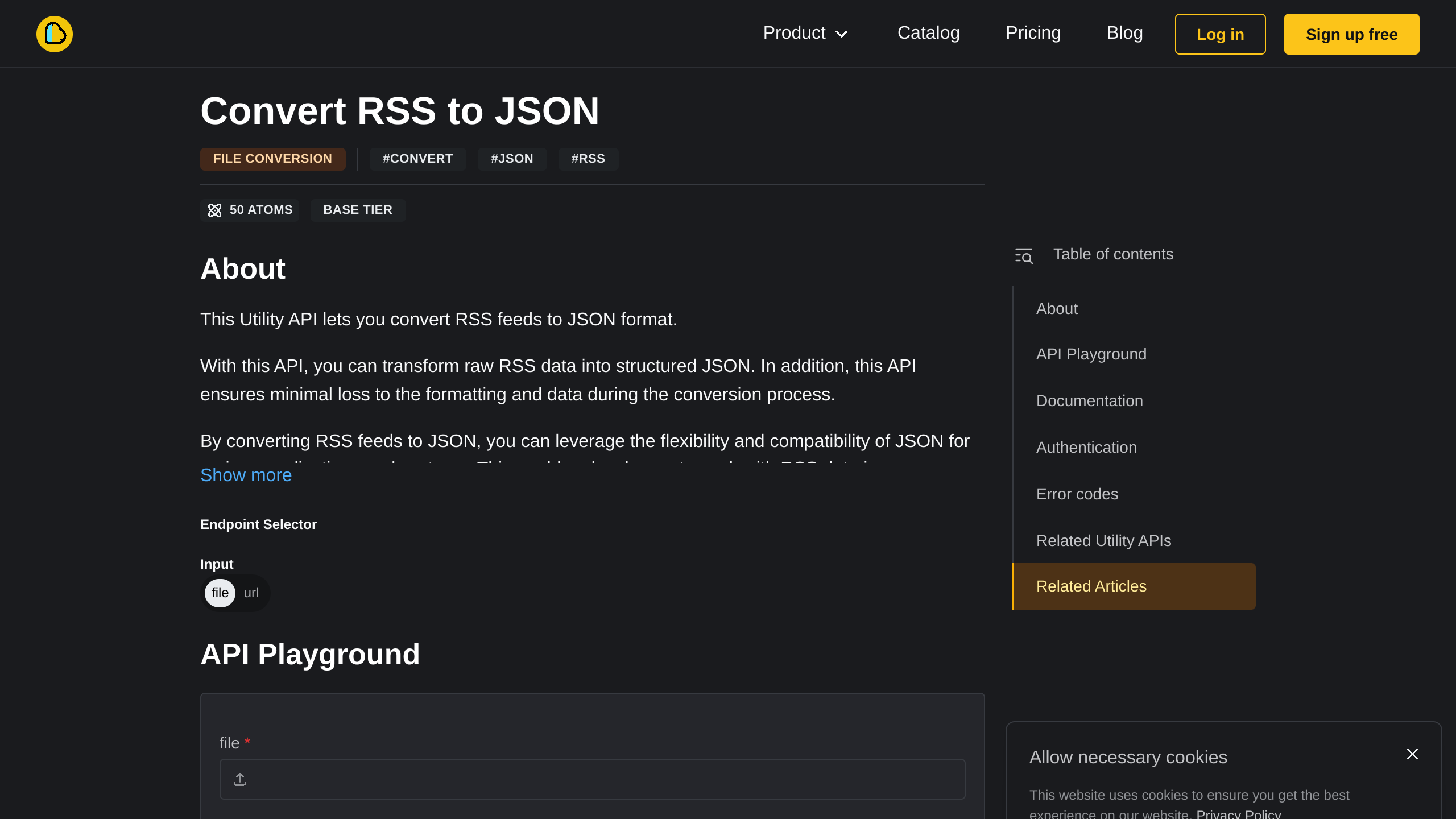 Convert RSS to JSON's website screenshot
