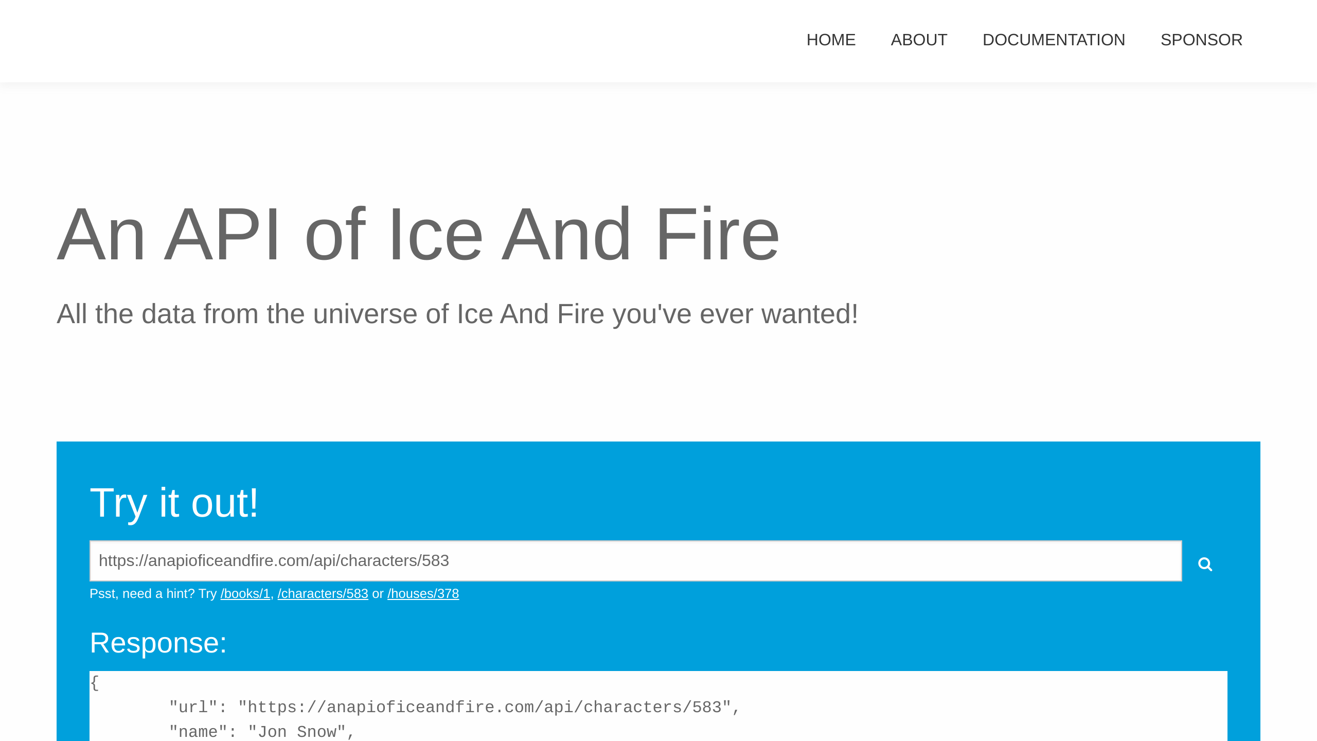 An API of Ice And Fire's website screenshot