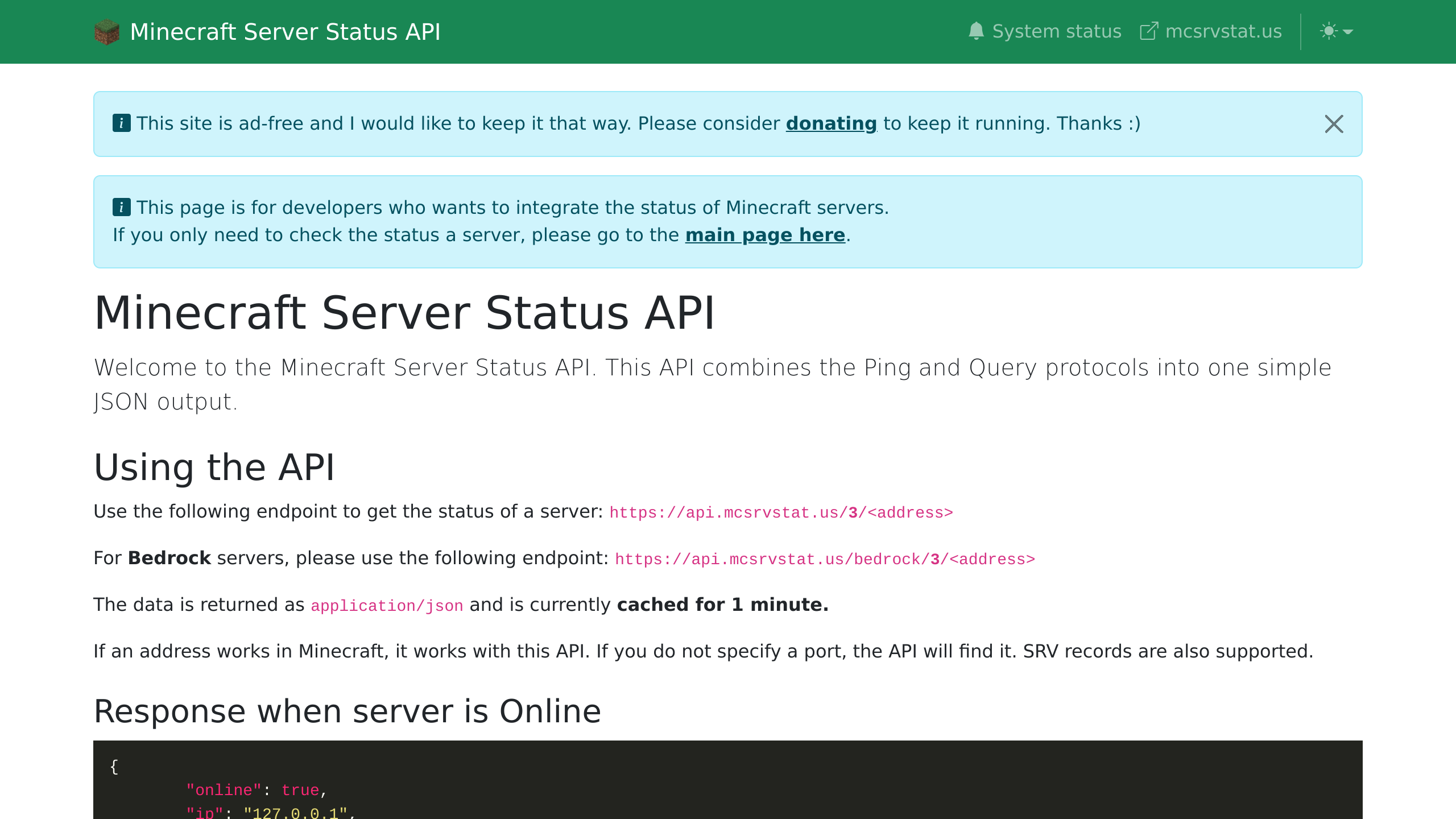 Minecraft Server Status's website screenshot