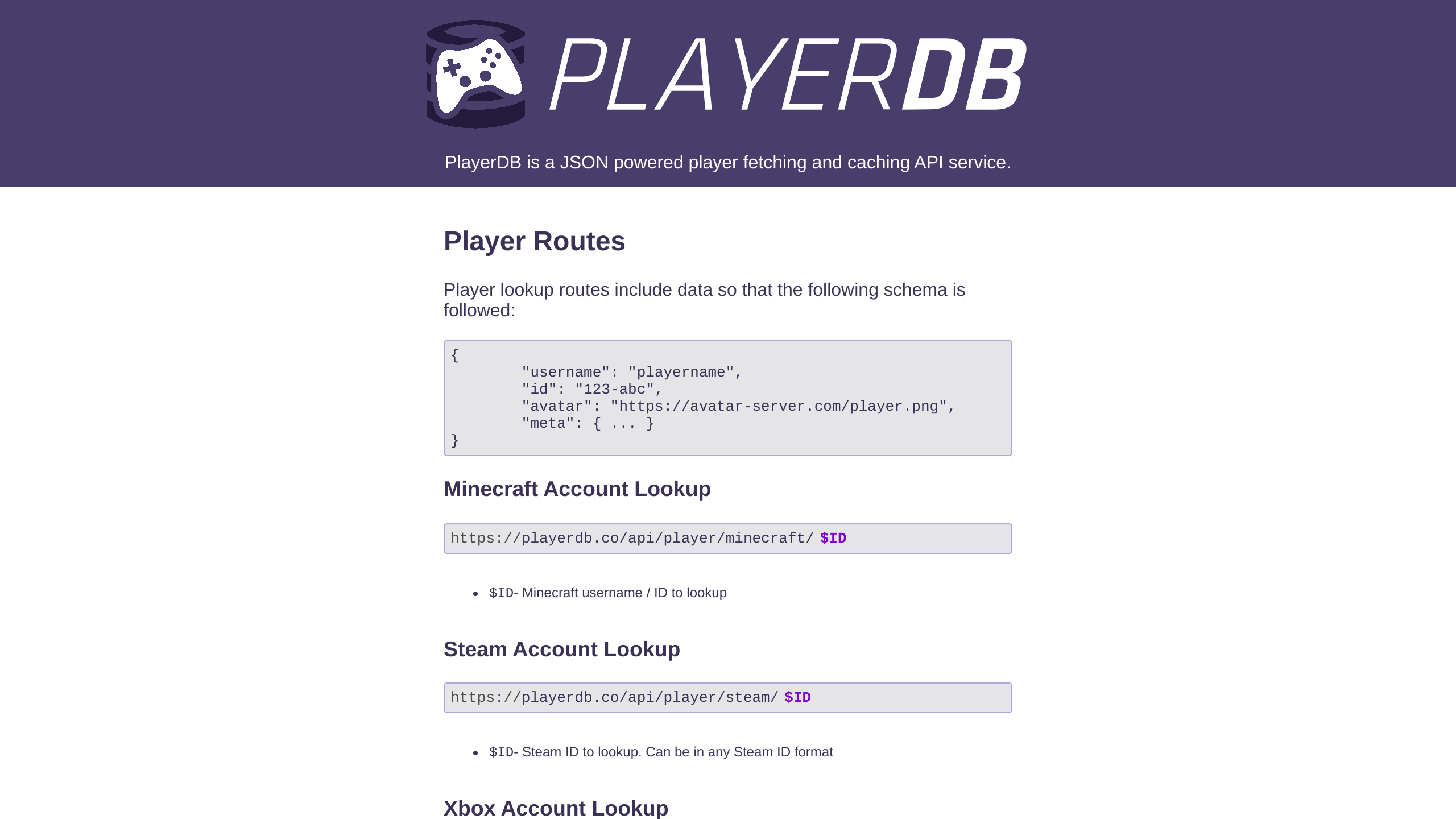 PlayerDB's website screenshot
