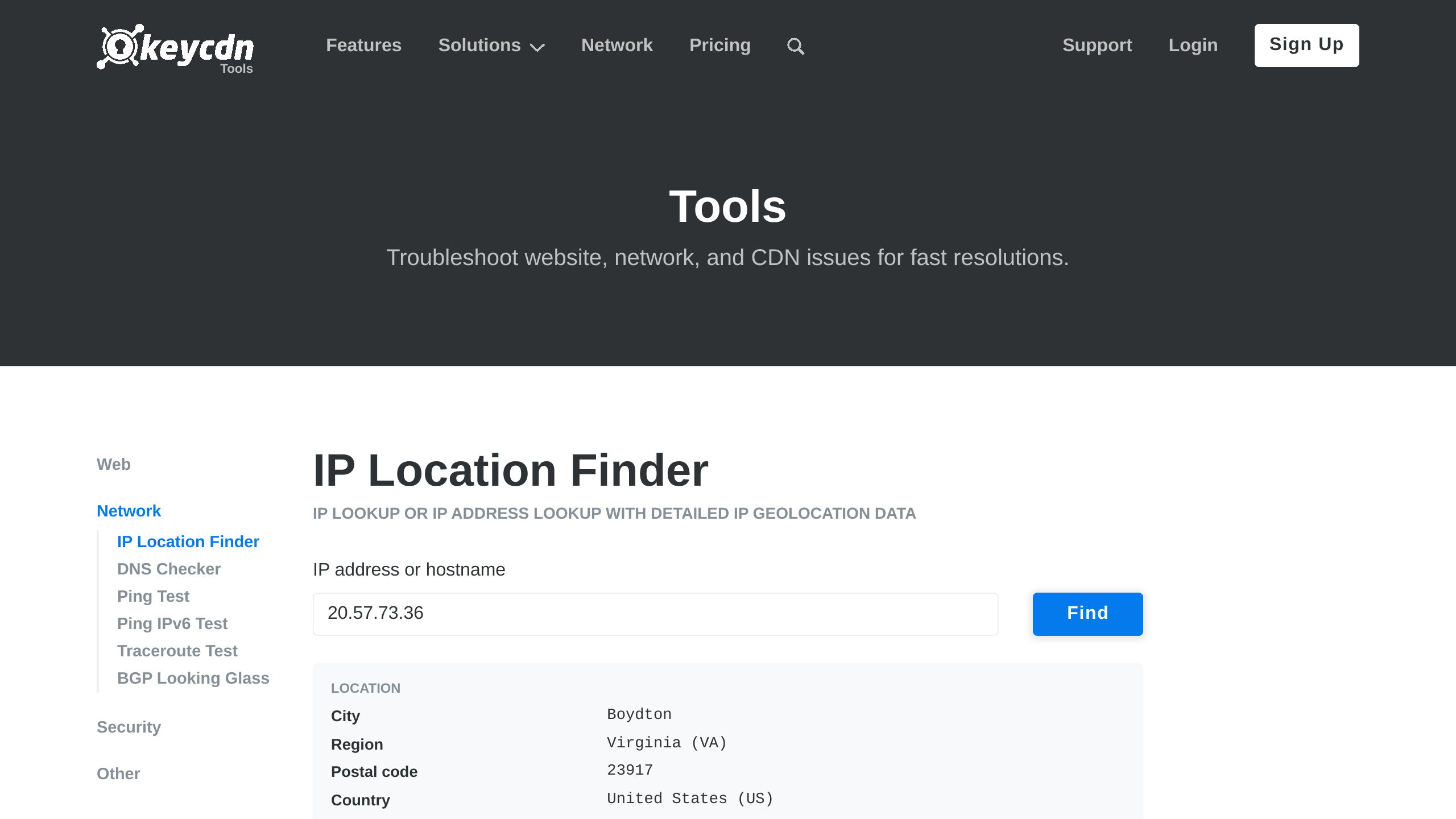 keycdn IP Location Finder's website screenshot