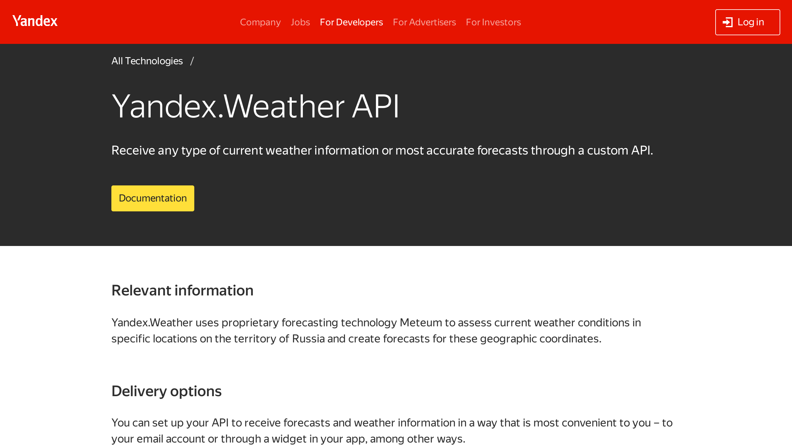 Yandex.Weather's website screenshot