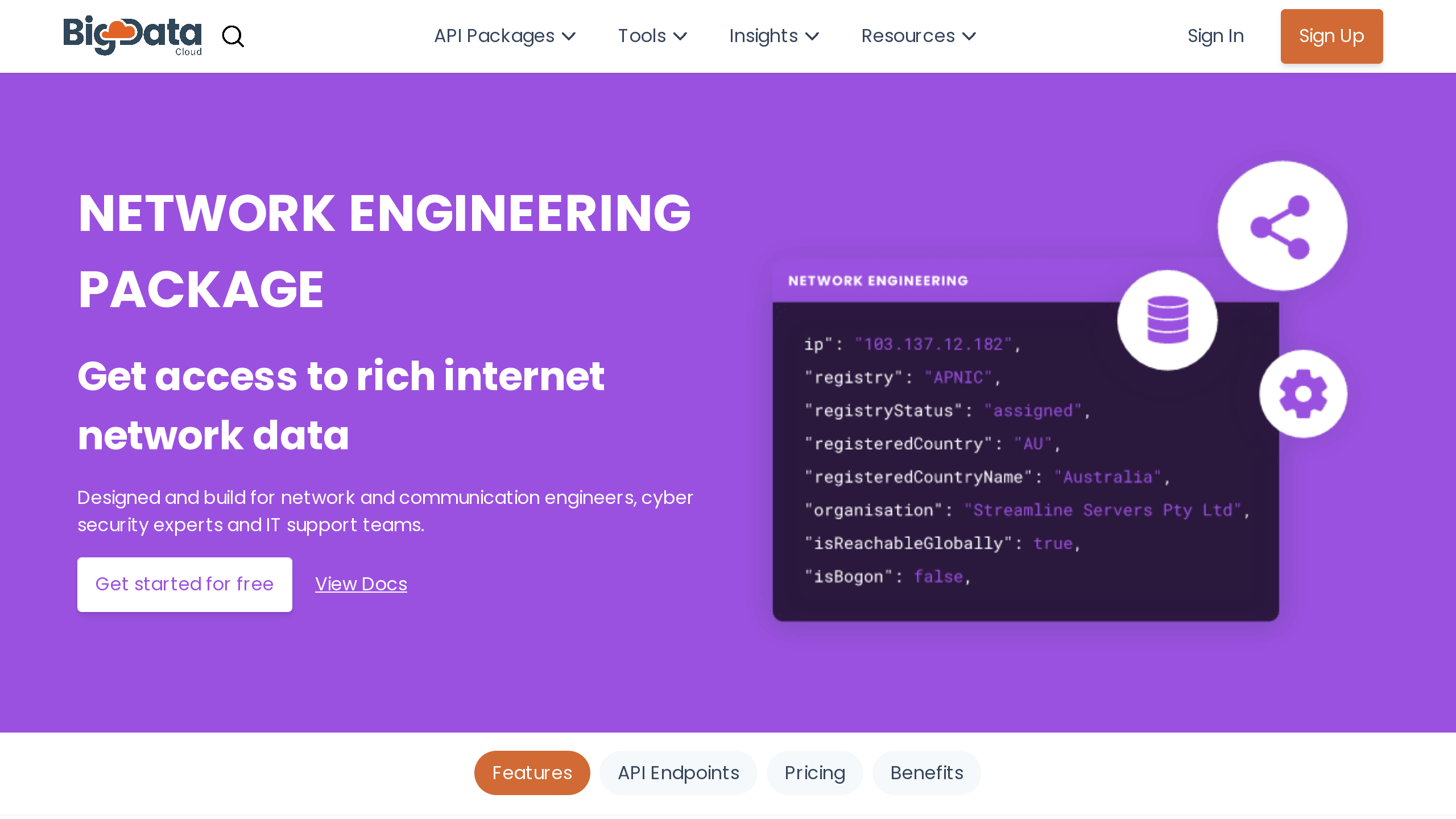 BigDataCloud's Network Engineering API's website screenshot