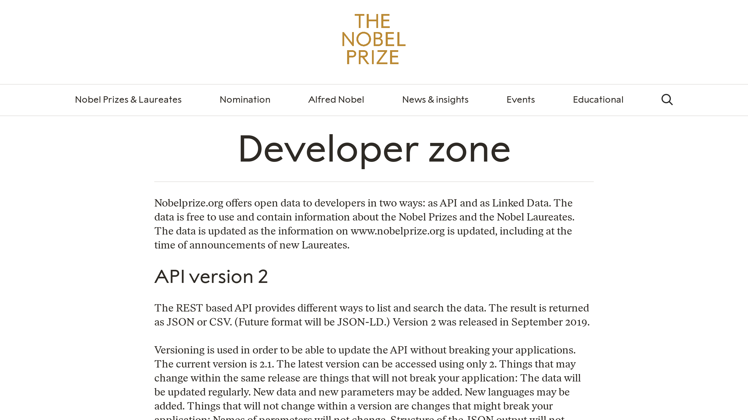 Nobel Prize's website screenshot