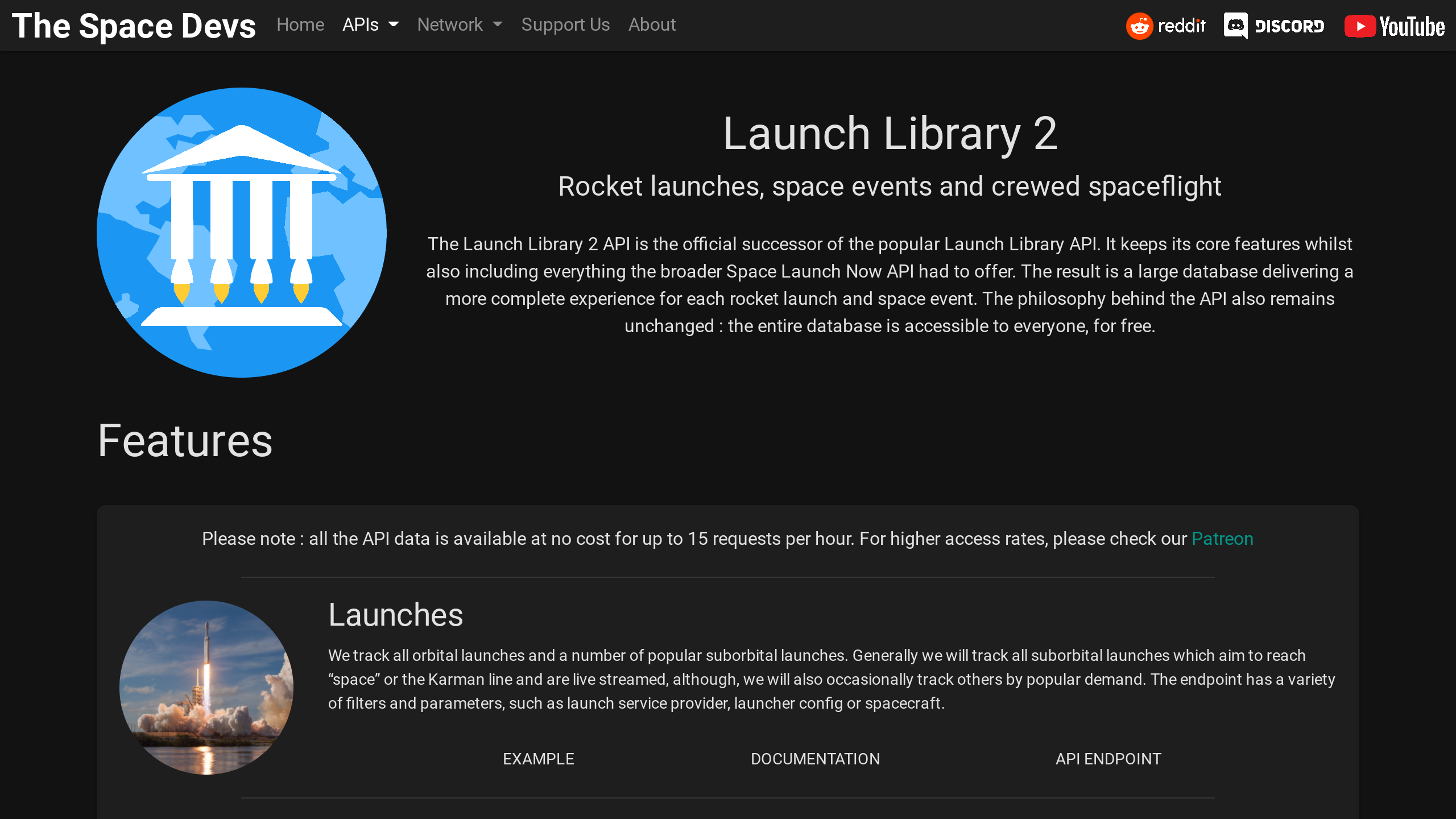 Launch Library 2's website screenshot