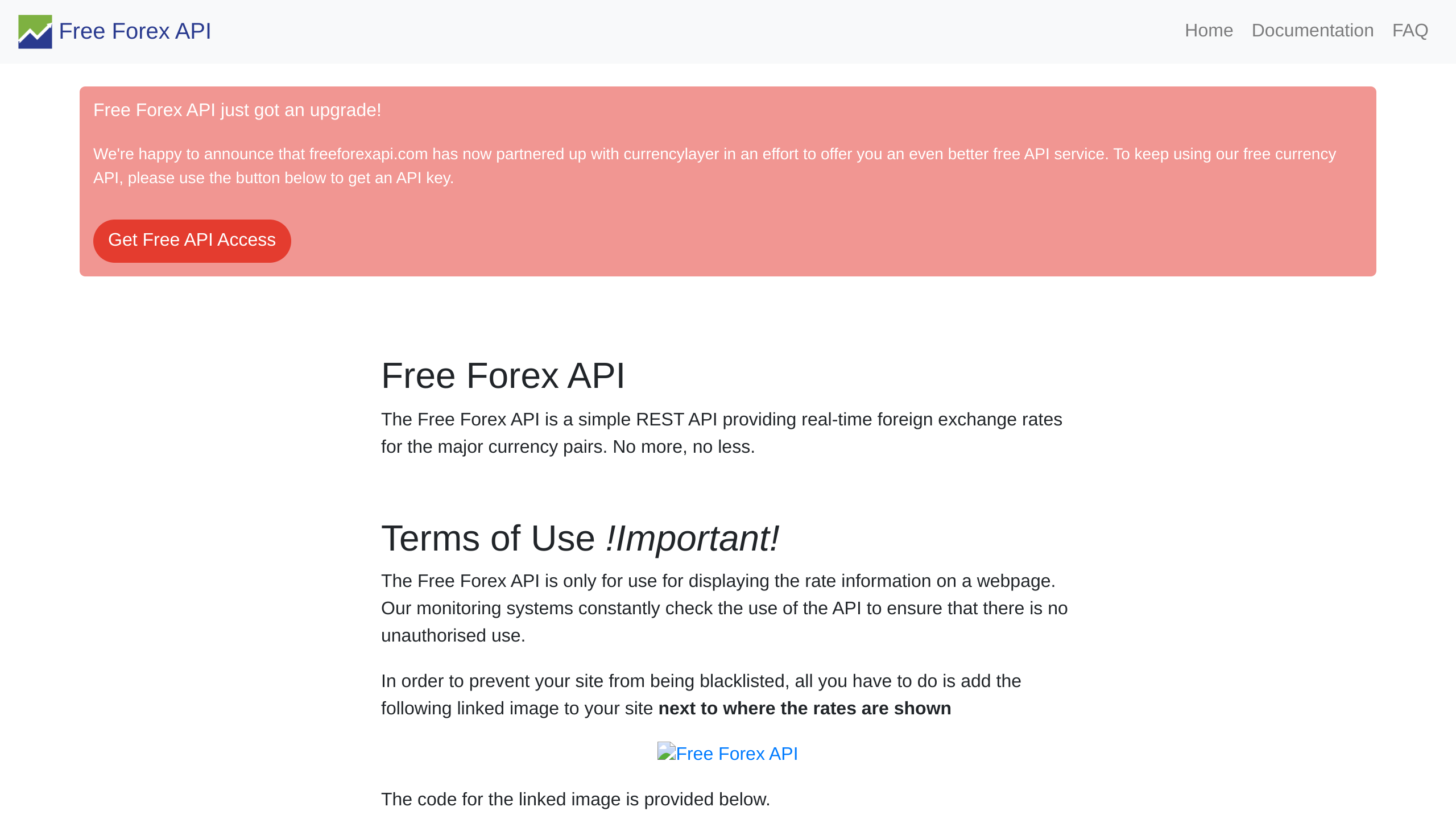 FreeForexAPI's website screenshot