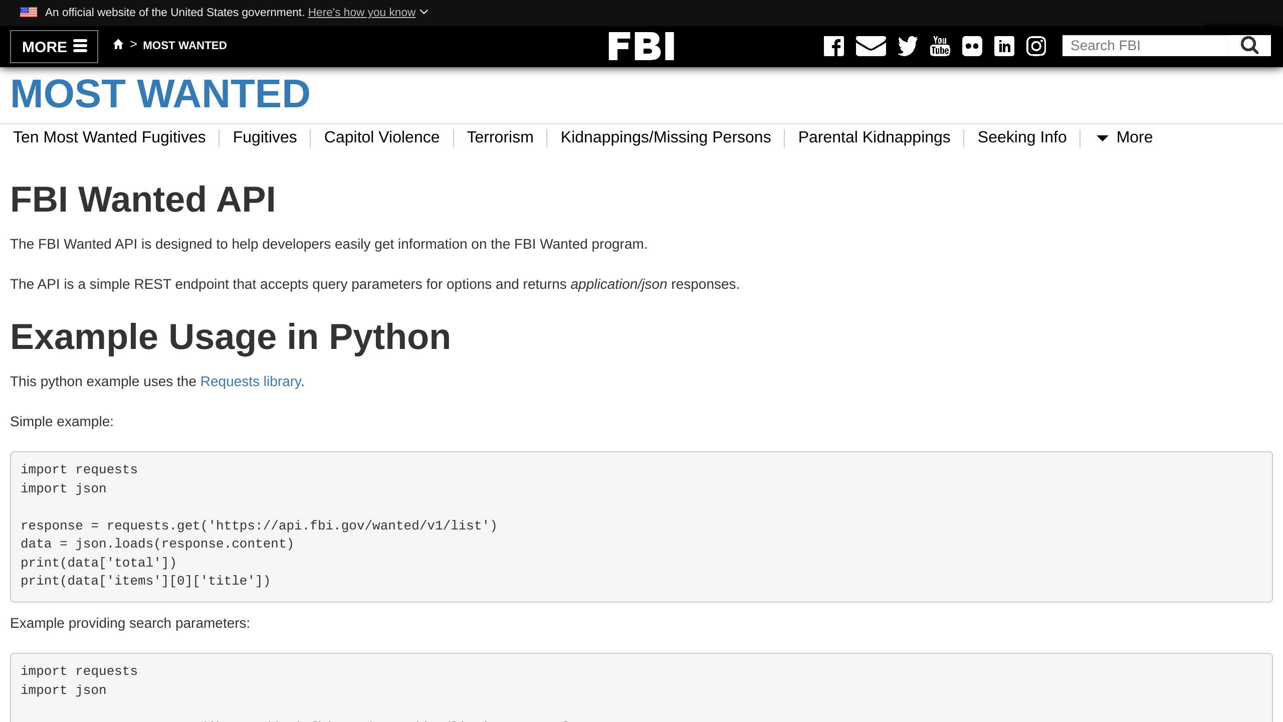FBI Wanted's website screenshot