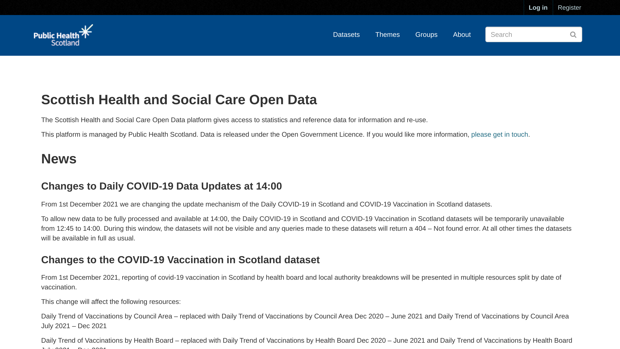 Open Data NHS Scotland's website screenshot