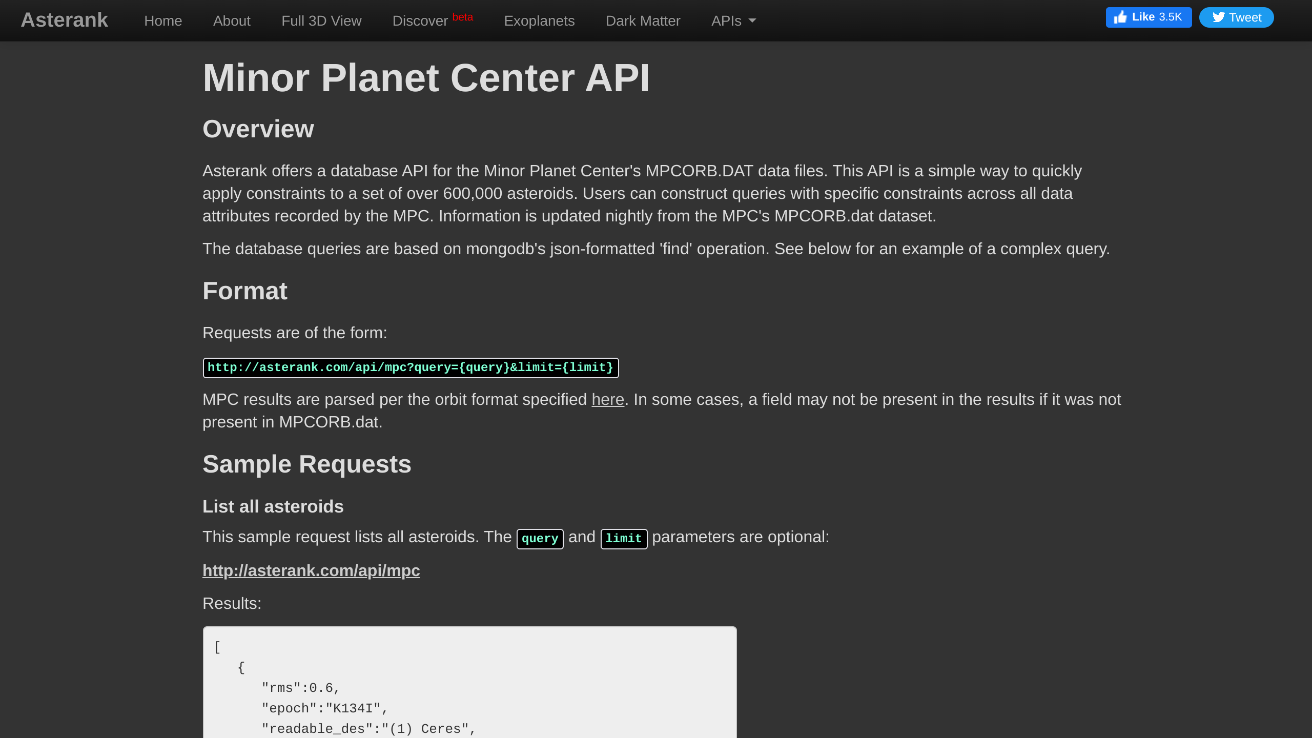Minor Planet Center's website screenshot