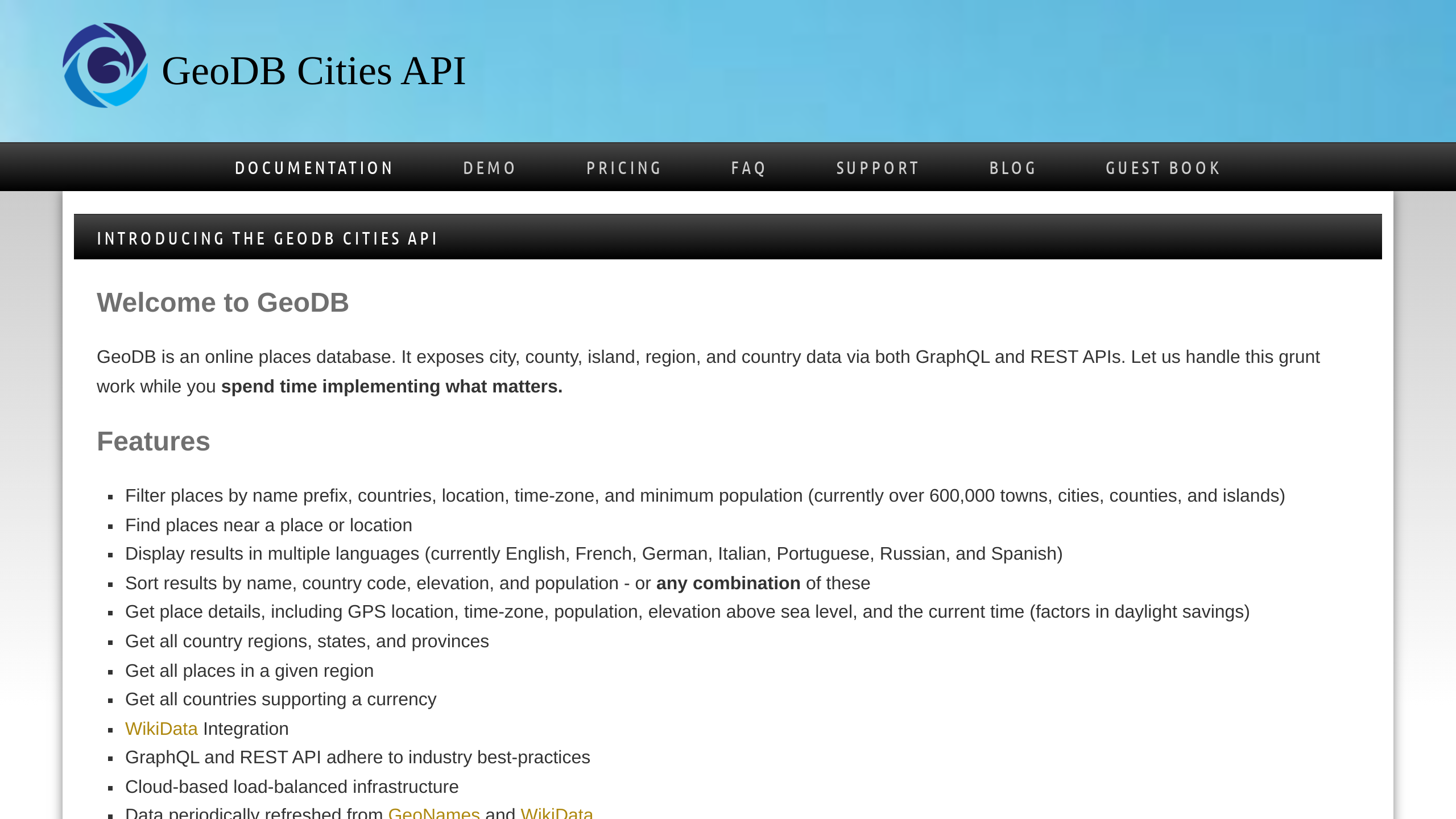 GeoDB Cities's website screenshot