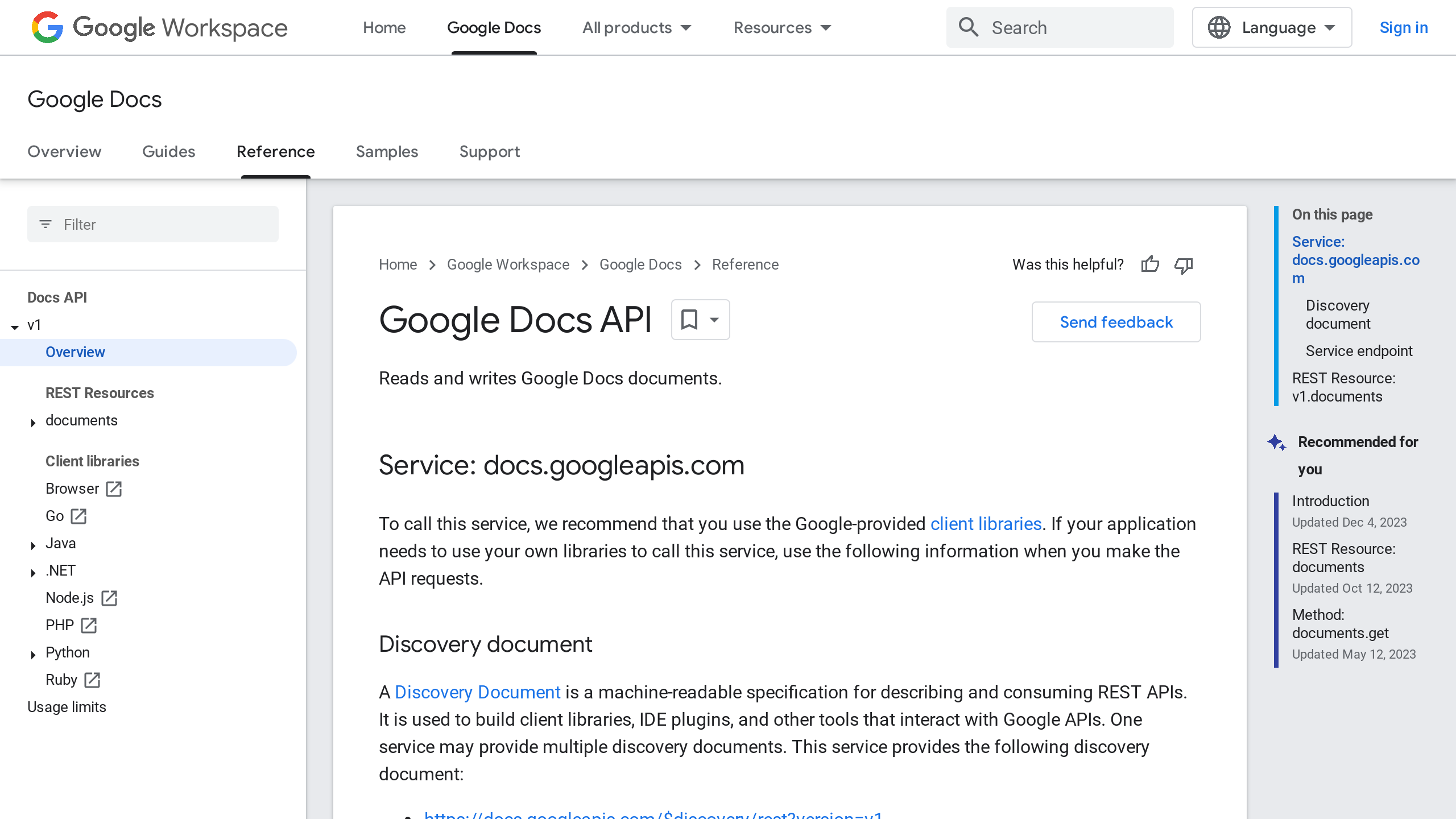 Google Docs's website screenshot