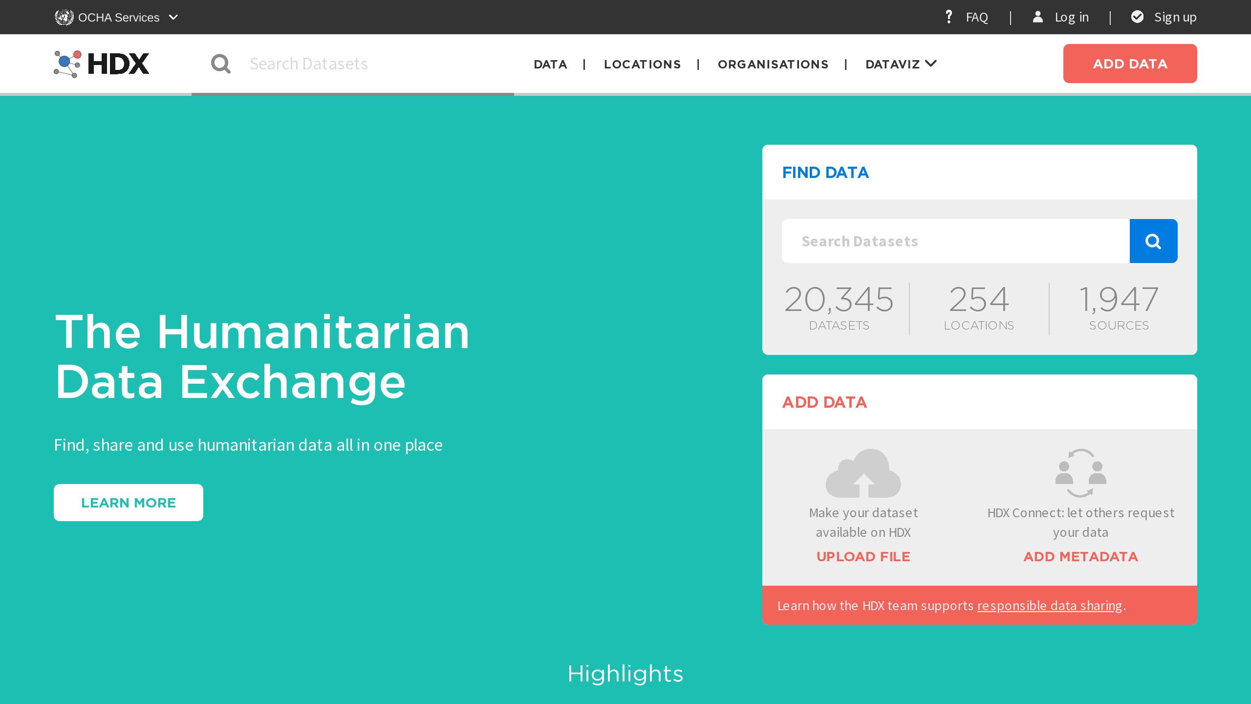 Humanitarian Data Exchange's website screenshot