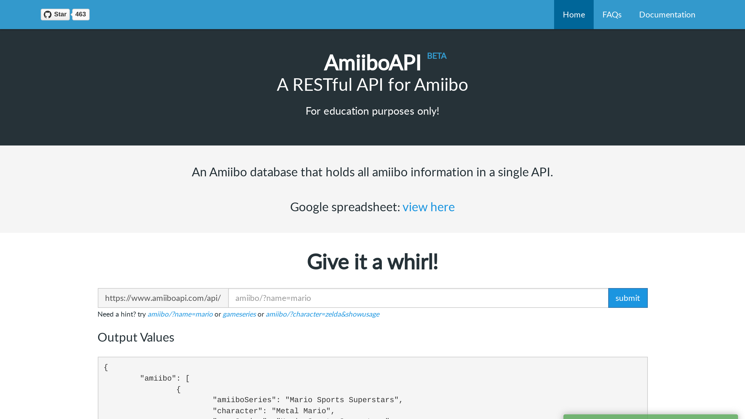 AmiiboAPI's website screenshot