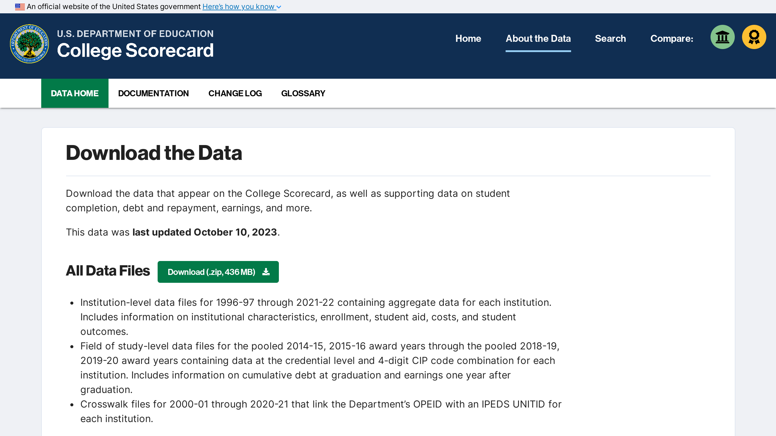 CollegeScoreCard.ed.gov's website screenshot