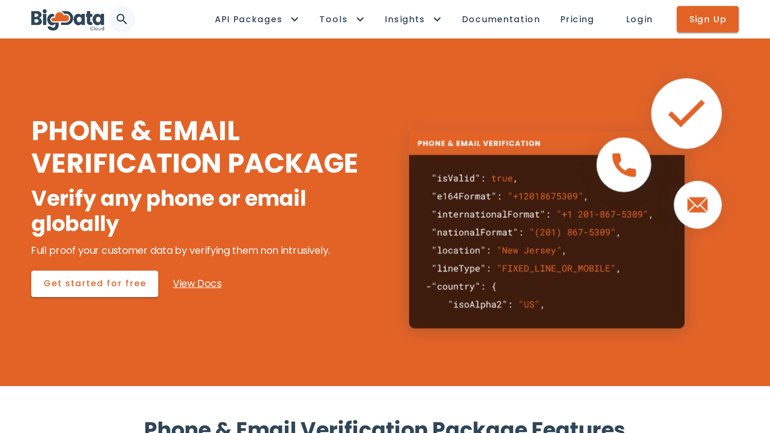 BigDataCloud's Phone and Email Verification API's website screenshot