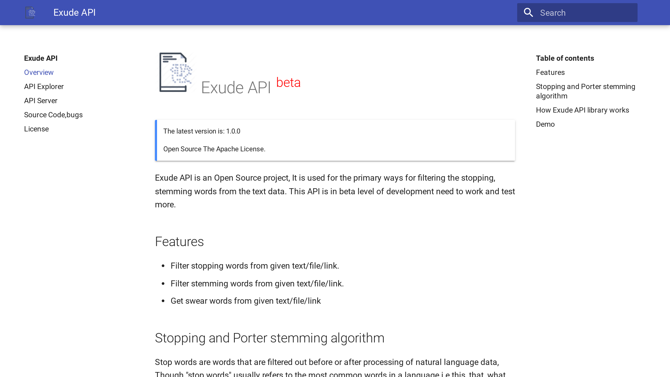 EXUDE-API's website screenshot