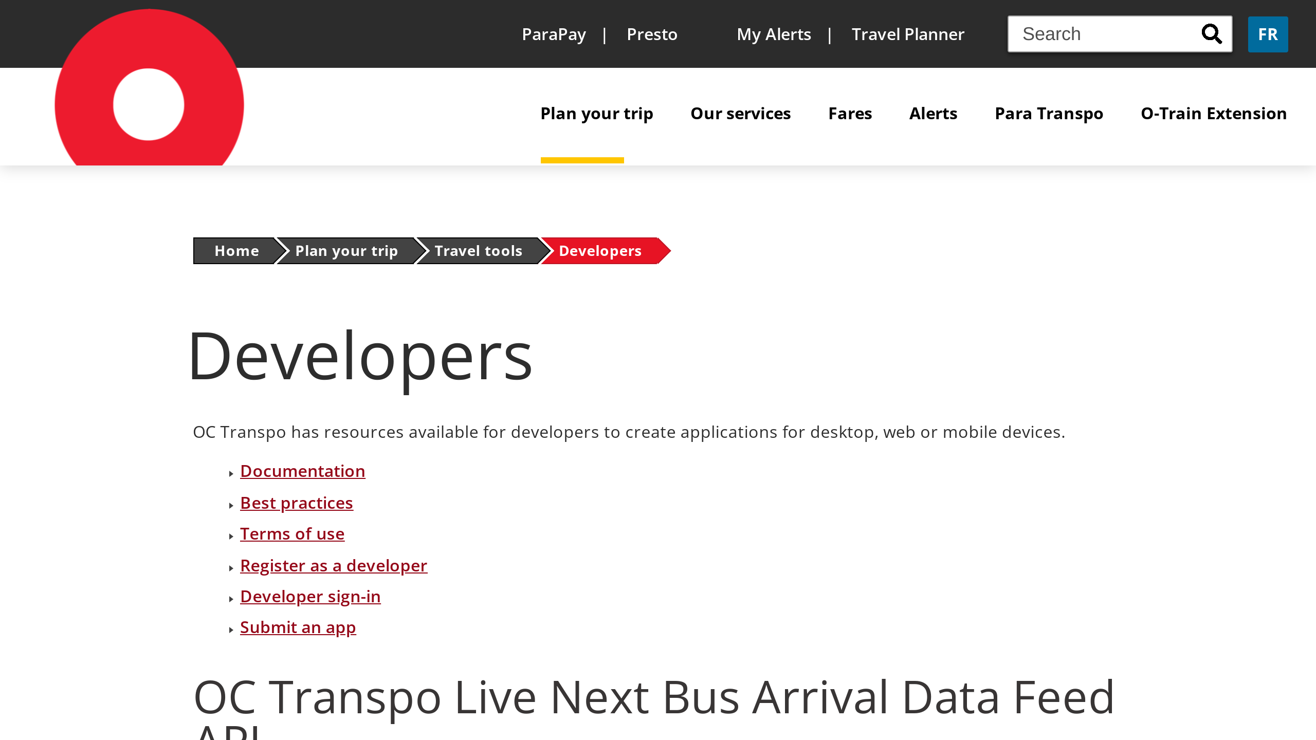 Transport for Ottawa, Canada's website screenshot