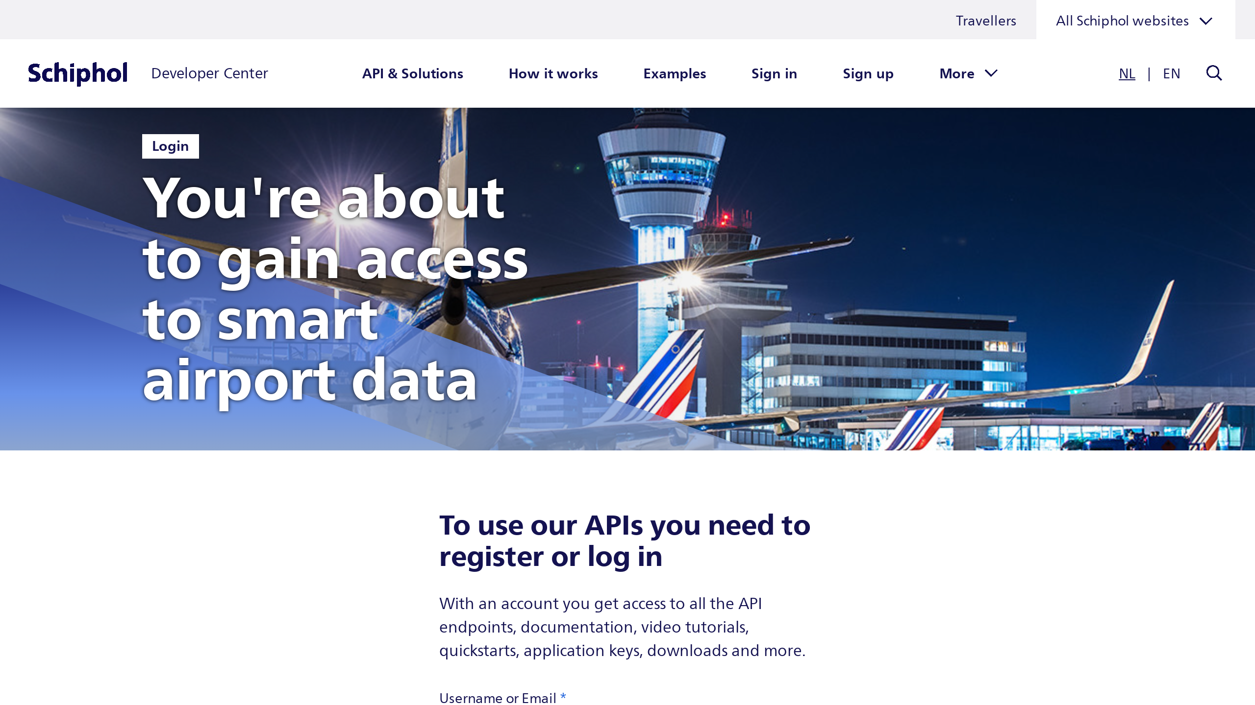 Schiphol Airport's website screenshot